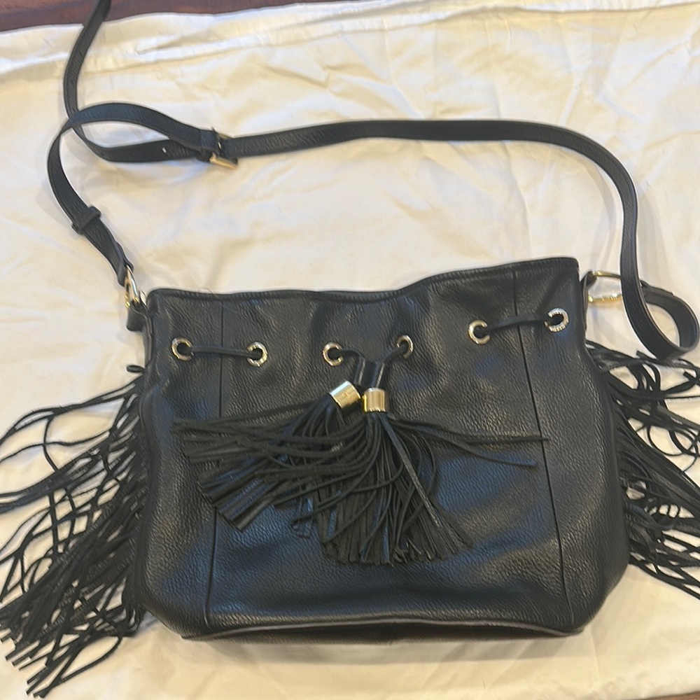 G.I.L.I. Black Crossbody Bag with Fringe and Drawstring